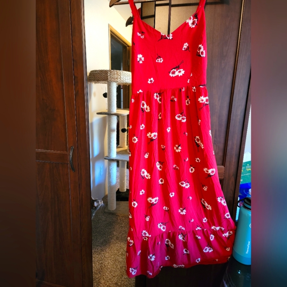 Floral Red Maxi Dress with Pockets